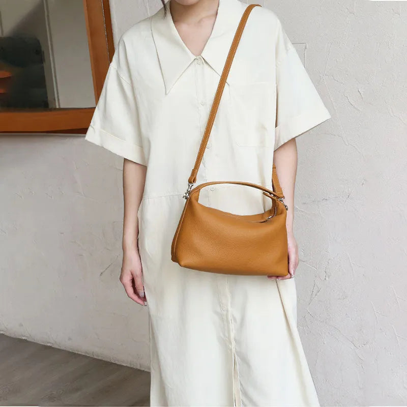 Genuine leather one shoulder lunch box bag with zip closure and internal pockets in brown, dove grey, black or khaki