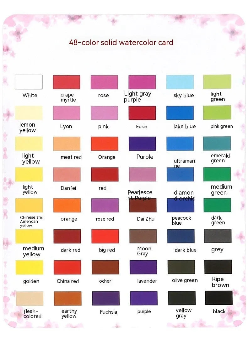 Box of 48 solid watercolour paint cakes showing colours including Black Knight, Girl Pink, and Sunshine Blue.