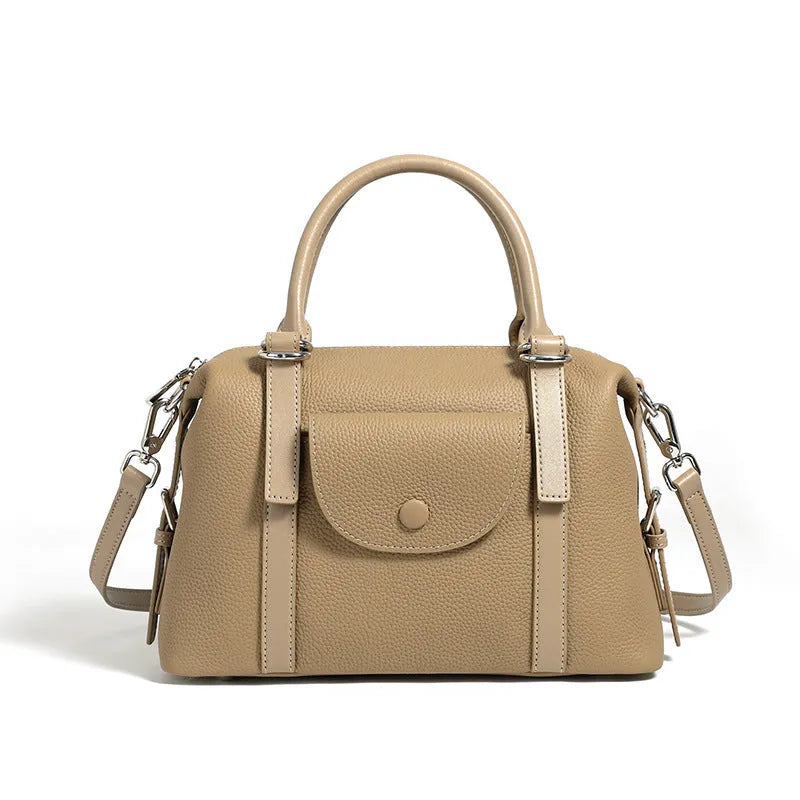 Genuine leather women's handbag in black, brown, or elephant grey with contrast stitching.