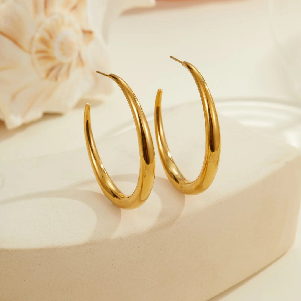Titanium steel hoop earrings in geometric round design with gold or steel finishes