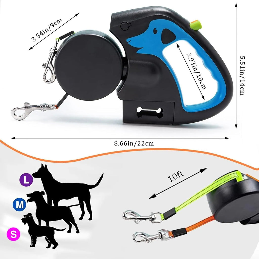 Double-ended retractable dog lead in ABS for walking two dogs, shown in khaki, light blue, blue or red