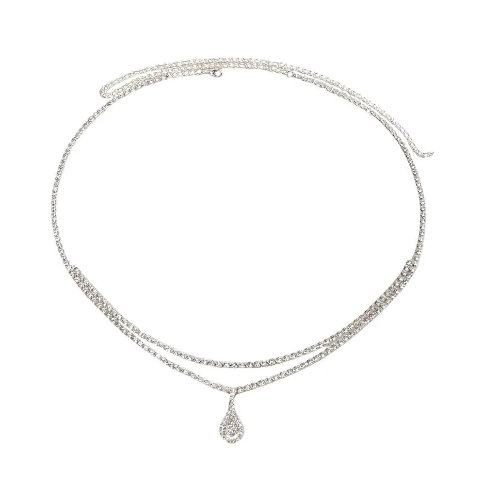 Gold or silver waist chain with water drop pendant and rhinestone accents, lobster buckle clasp