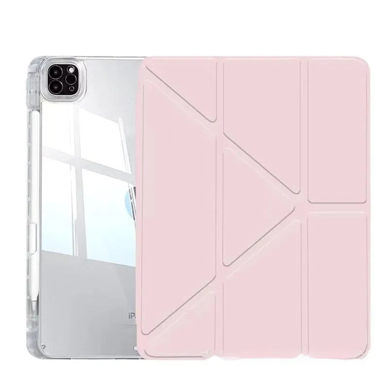 Clear acrylic iPad protective cover with a folding stand, shown in multiple colour options.