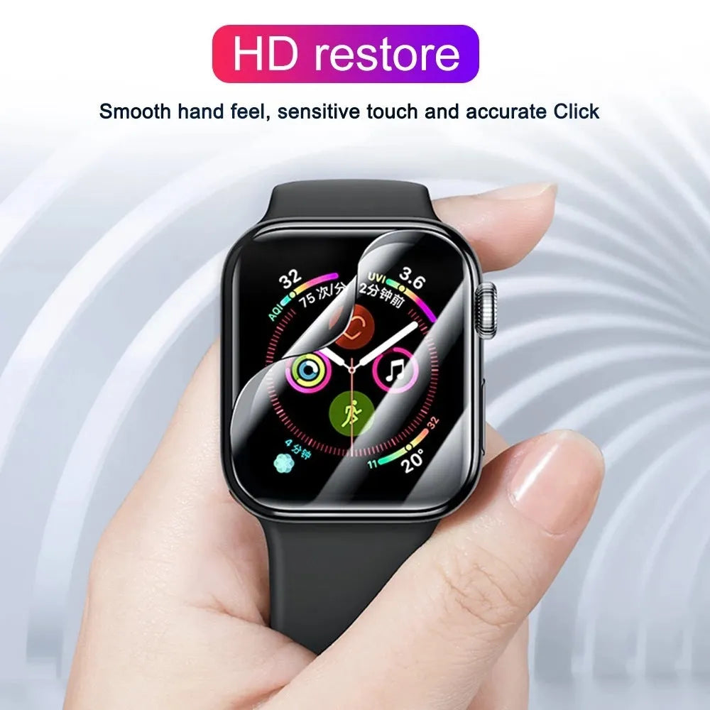 PMMA curved full screen protective film for Apple Watch in transparent black, sizes 38mm to 49mm
