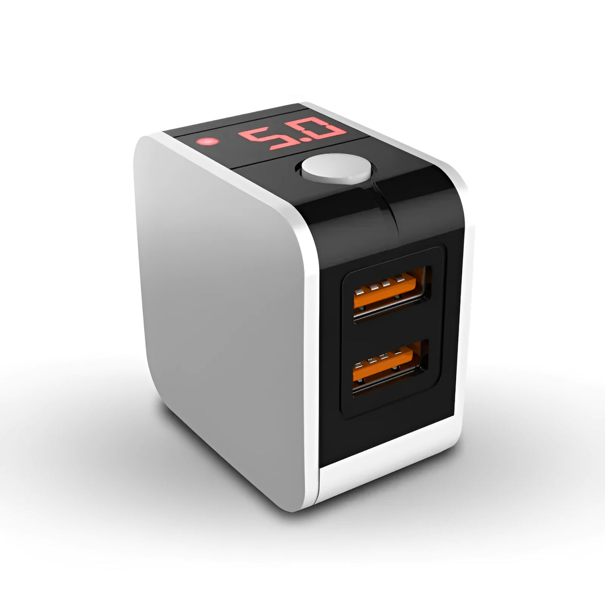 Black dual USB fast travel charger with digital display showing charging status and EU standard plug.