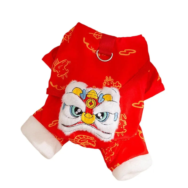 Lion dance pet jumpsuit in red with faux fur trim and leash ring, four-legged cotton jacket for dogs and cats.