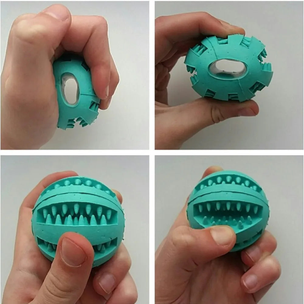 Rubber slow feeder dog ball toy in blue green red orange yellow sky blue, 5cm and 7cm sizes