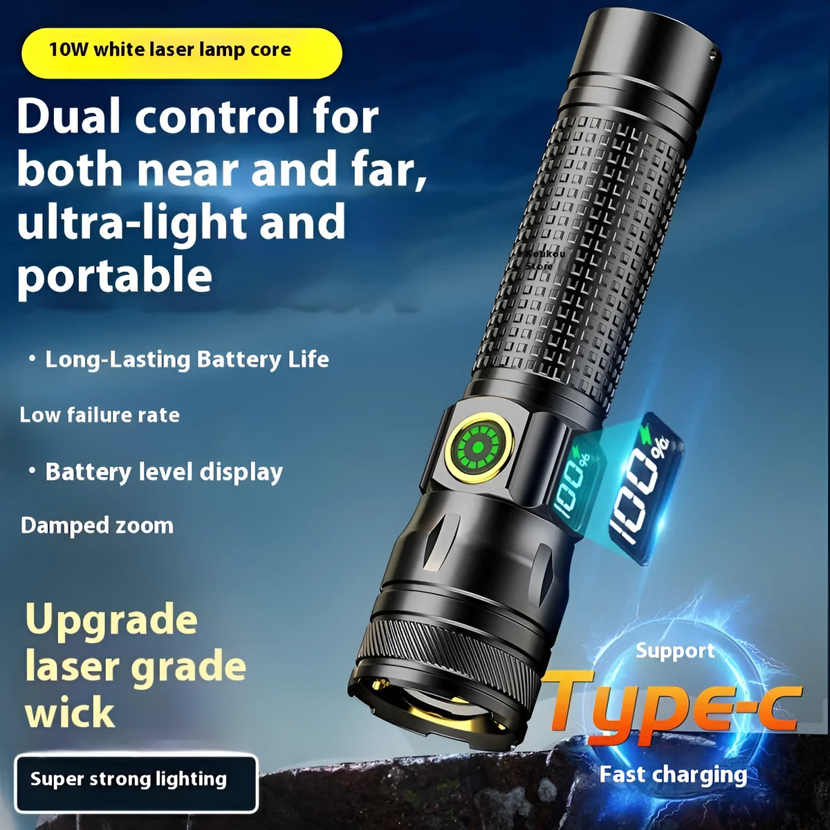 Portable 10W aluminium alloy flashlight, A36 LCD USB white laser, Type-C rechargeable, ultra-thin