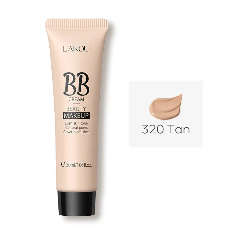 30ml tube of natural finish BB cream showing nine colour shade options from Ivory White to Brown