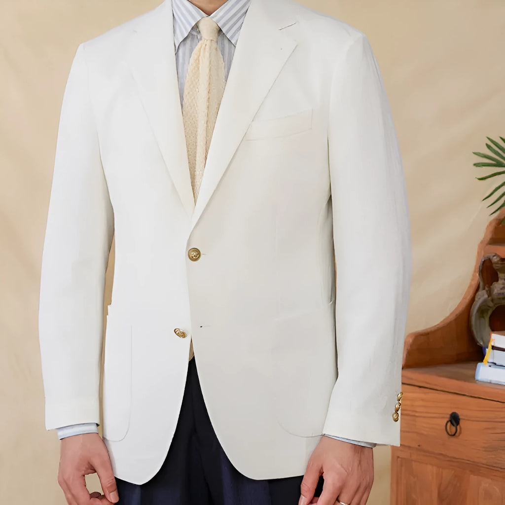 Seersucker single-breasted slim-fit suit jacket, navy blue or white, long sleeve, double rear slits, sizes M-3XL