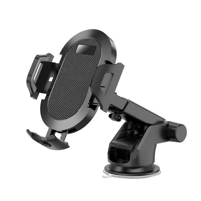 Black-grey car phone holder mounted on vehicle air vent with phone secured