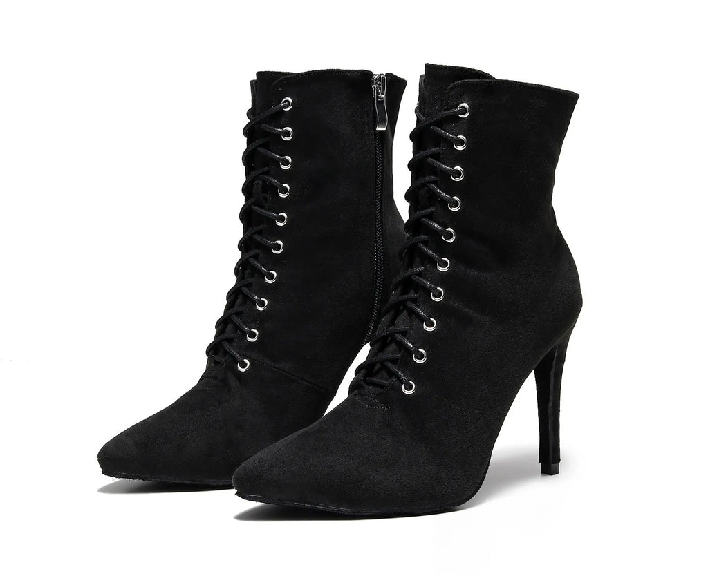 Pair of women's lace-up dance heels with mesh upper and leather sole, shown in black and skin colour, sizes 34-43