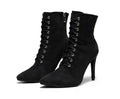 Pair of women's lace-up dance heels with mesh upper and leather sole, shown in black and skin colour, sizes 34-43