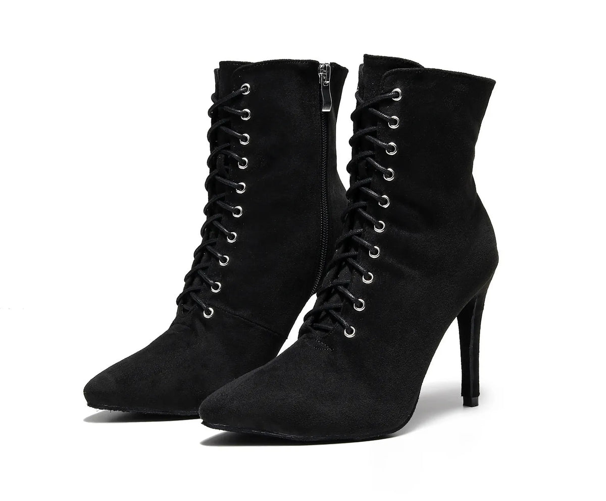 Pair of women's lace-up dance heels with mesh upper and leather sole, shown in black and skin colour, sizes 34-43