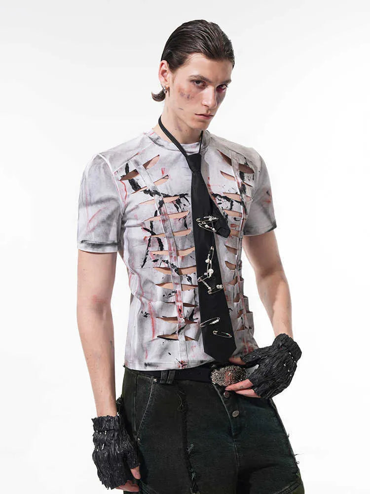 White men's cotton t-shirt with hollow-out cut design on chest, showing short sleeves and round neck.