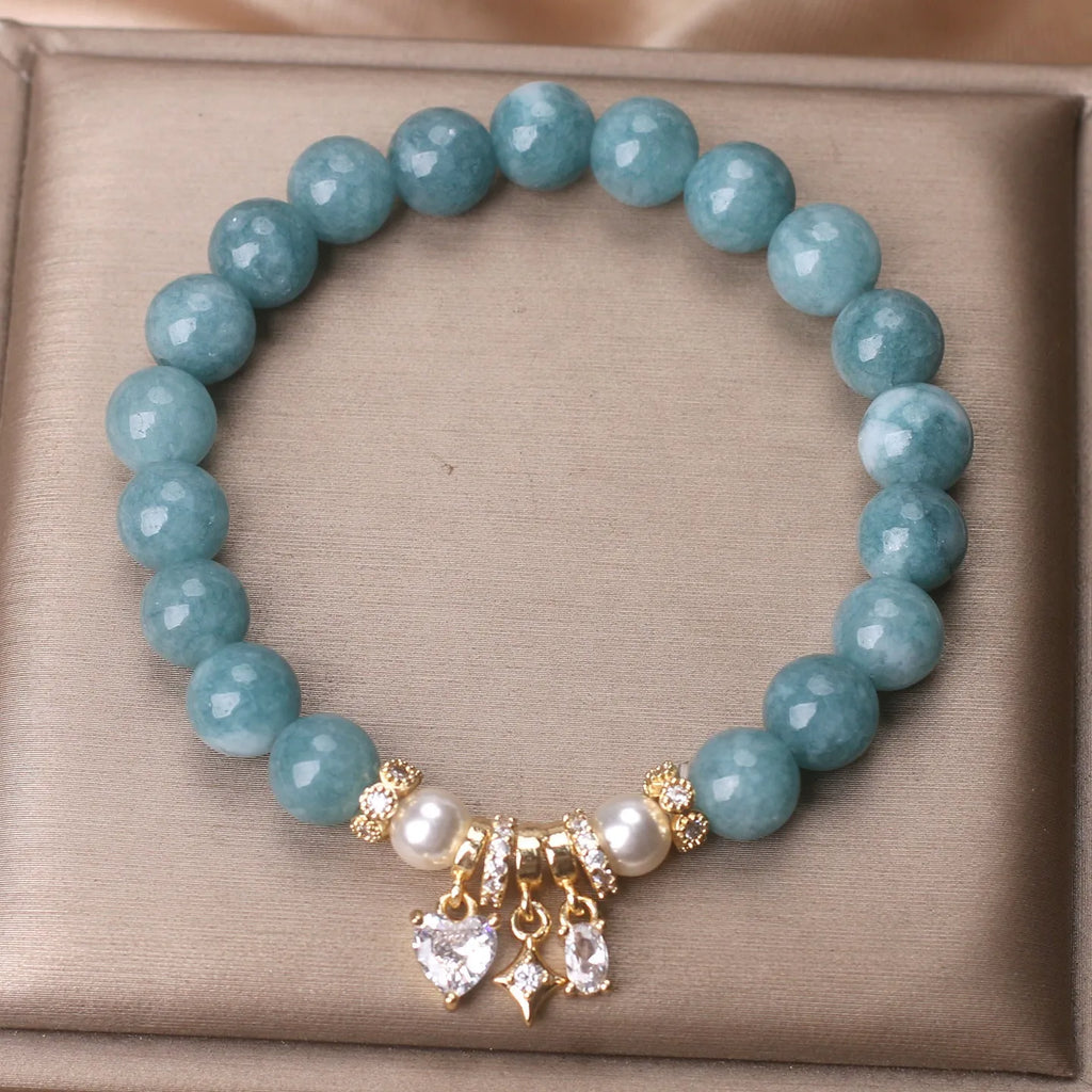 Blue water jade agate bracelet for women with heart-shaped zircon XINGX pendant, ethnic style handmade jewellery