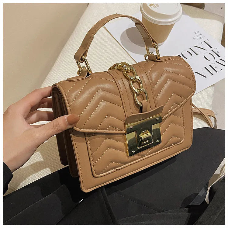 PU one shoulder small square bag in solid colour with plaid chain and adjustable strap