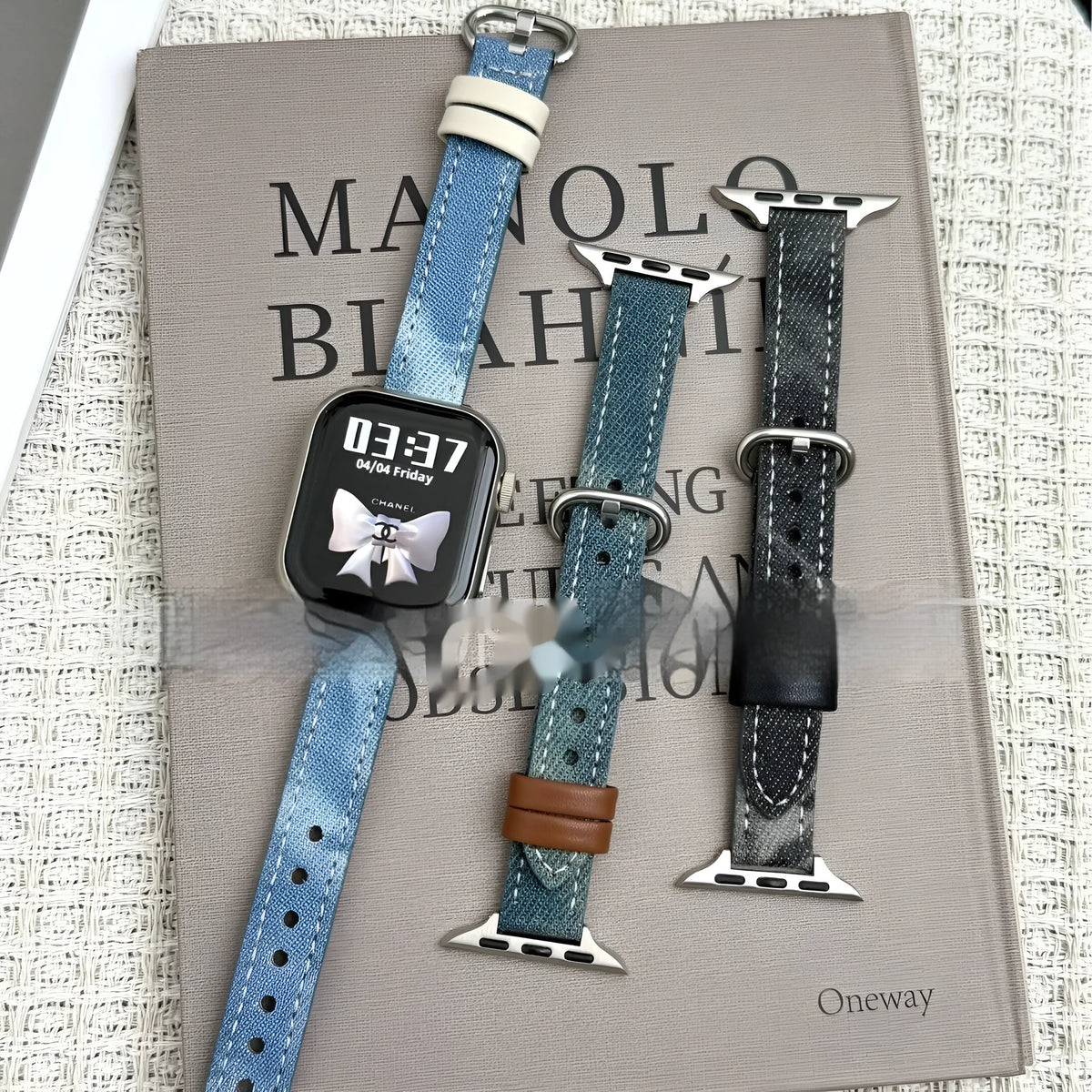 Washed denim watch band in dark blue, light blue, or black for 38mm to 49mm watch cases