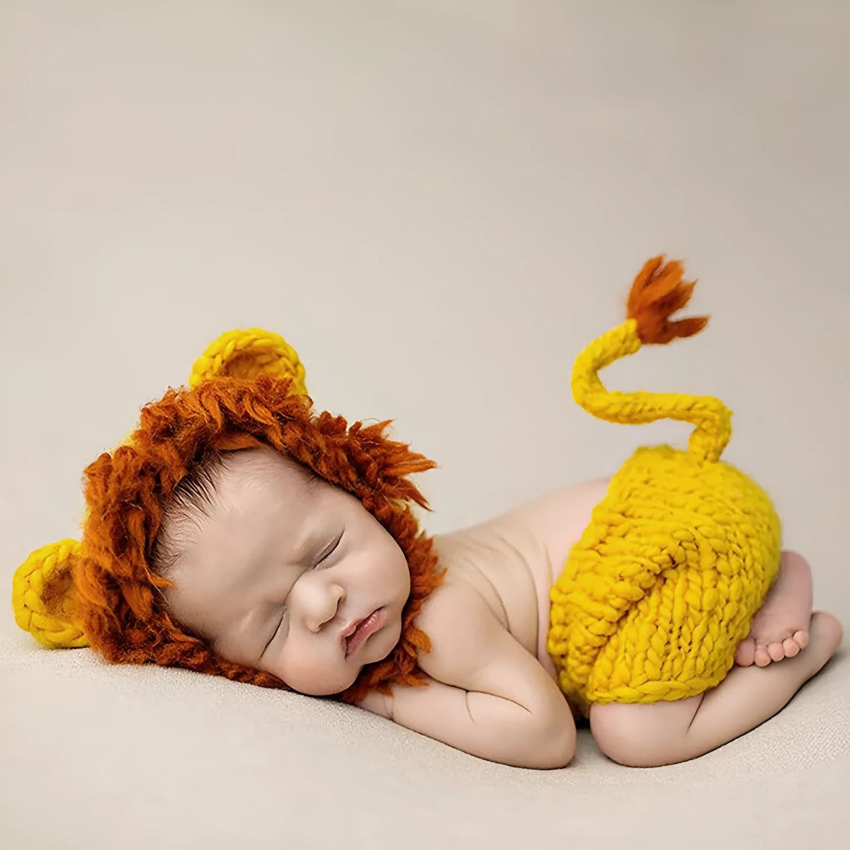Hand-knitted cartoon animal newborn photography outfit in blended spandex, available in 19 animal designs for newborn photo sessions.