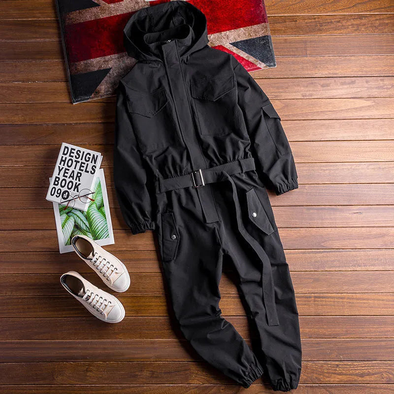 Men's workwear jumpsuit in army green with hooded top and ankle-tied legs, polyvinyl alcohol fibre fabric