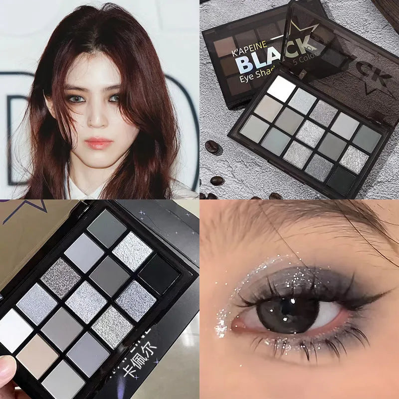 15-colour eyeshadow palette showing earth tones including cos grey, black, and dark colours for smoky makeup