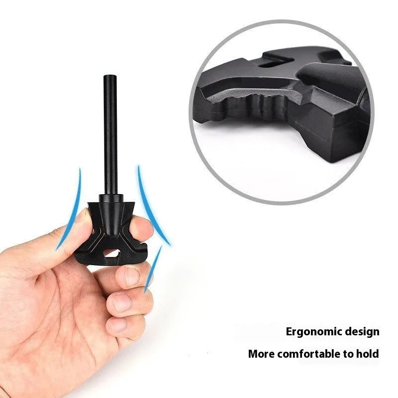 Stainless steel butterfly-shaped fire starter tool with integrated bottle opener.