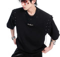 Women's black short sleeve t-shirt with lace-up detail and cutout design on front.