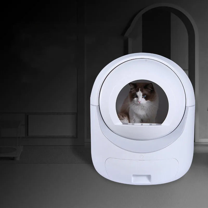 White fully automatic cat litter box with fully enclosed design, door curtain, and 220V US outlet option