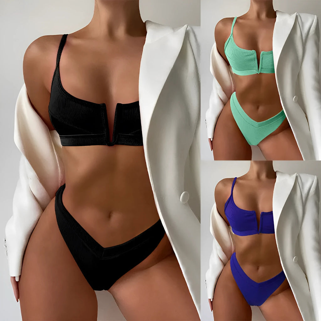 Women's high-waist triangle bikini top with matching split-side shorts in army green.