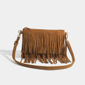 Matte brown women's messenger bag with tassel, horizontal square shape, single strap, 25cm sole length.
