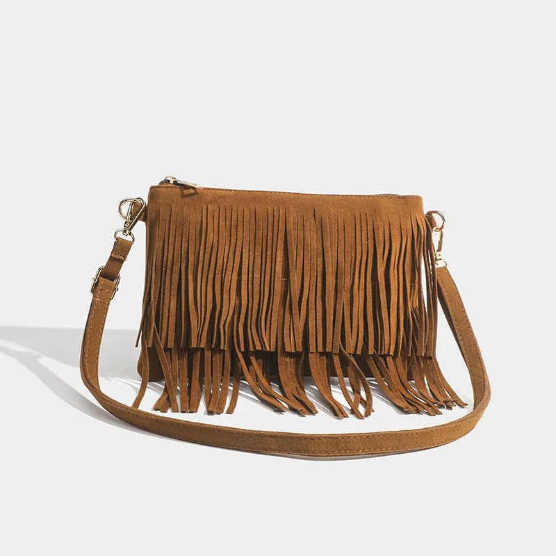 Matte brown women's messenger bag with tassel, horizontal square shape, single strap, 25cm sole length.