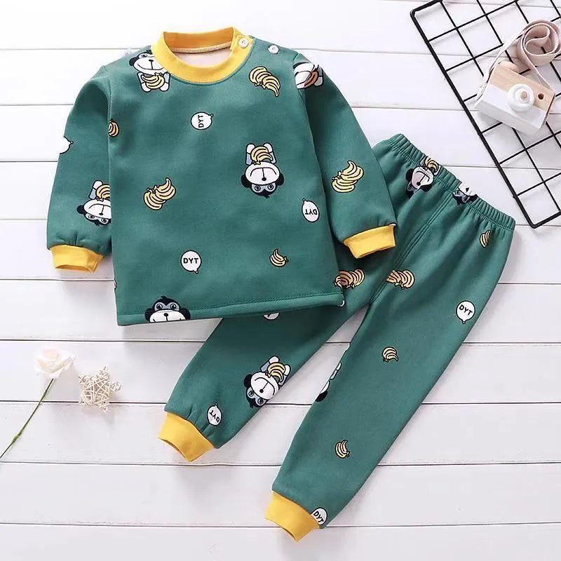 Children's thermal underwear set in coral fleece with cotton main fabric, thickened two-piece base layer in nine cartoon print colourways.