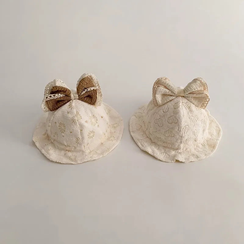 Cotton windproof bow fisherman hat for newborns, 38-42cm bucket hat in Fireworks, Heart, Leaf or Stripe style