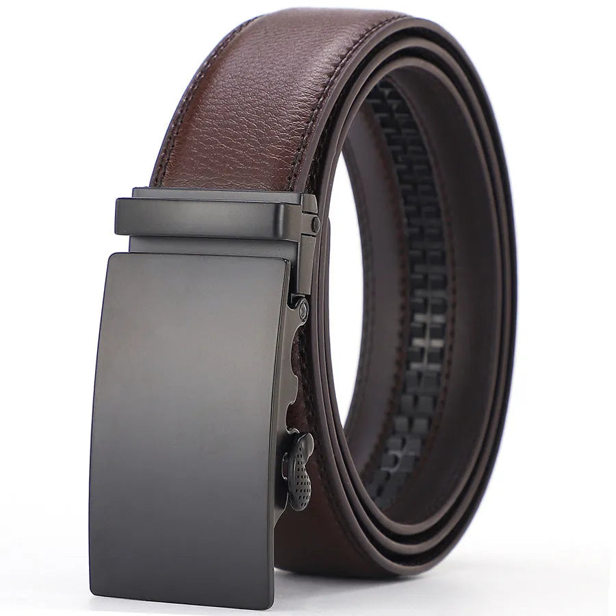 Men's automatic buckle belt in genuine cowhide leather, black finish, with alloy buckle
