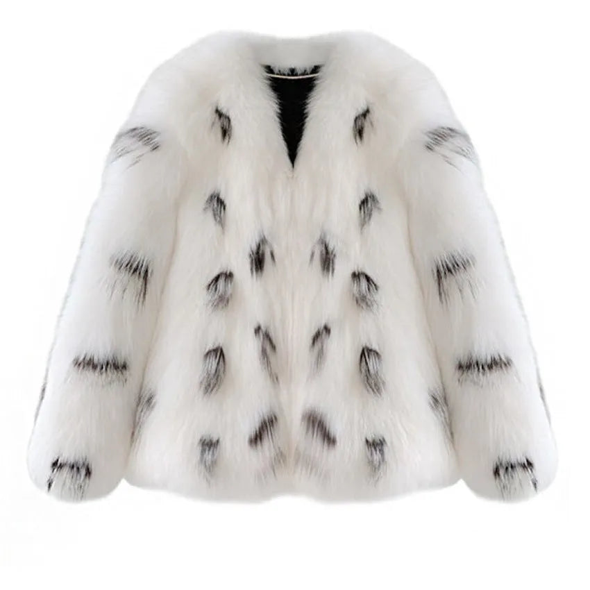 Women's black and white raccoon style faux fur coat in Korean slim-fit design with short 40cm length