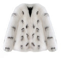 Women's black and white raccoon style faux fur coat in Korean slim-fit design with short 40cm length