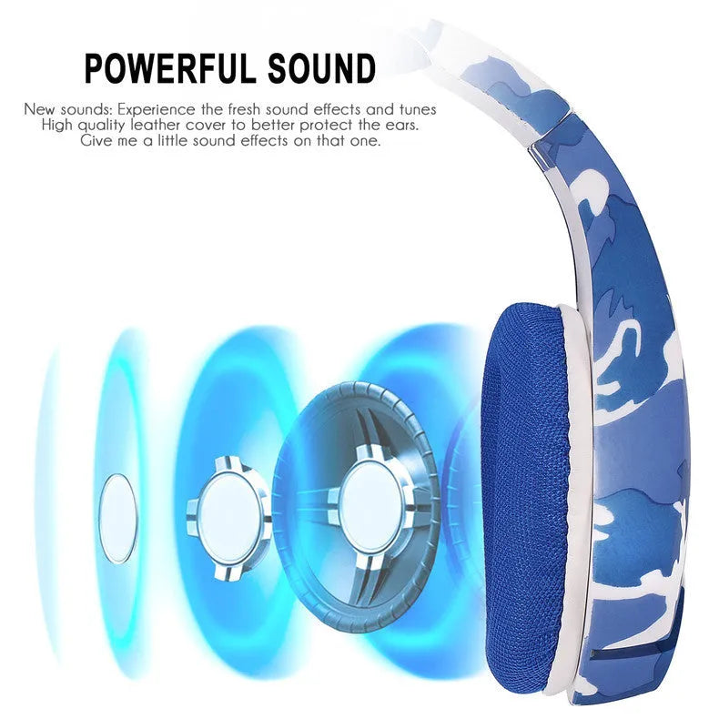 Wired gaming headset with camouflage blue cloth earmuffs and braided cable