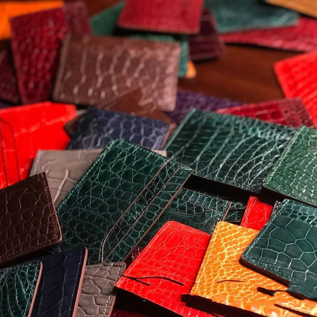 Genuine leather card wallet with crocodile pattern and checker design, shown in black and coffee colours