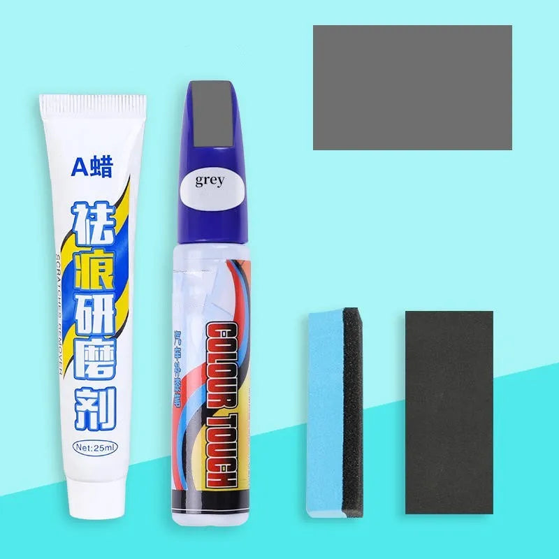 Automotive paint repair pen kit with scratch wax, paint pen, sponge, and sandpaper for car scratches
