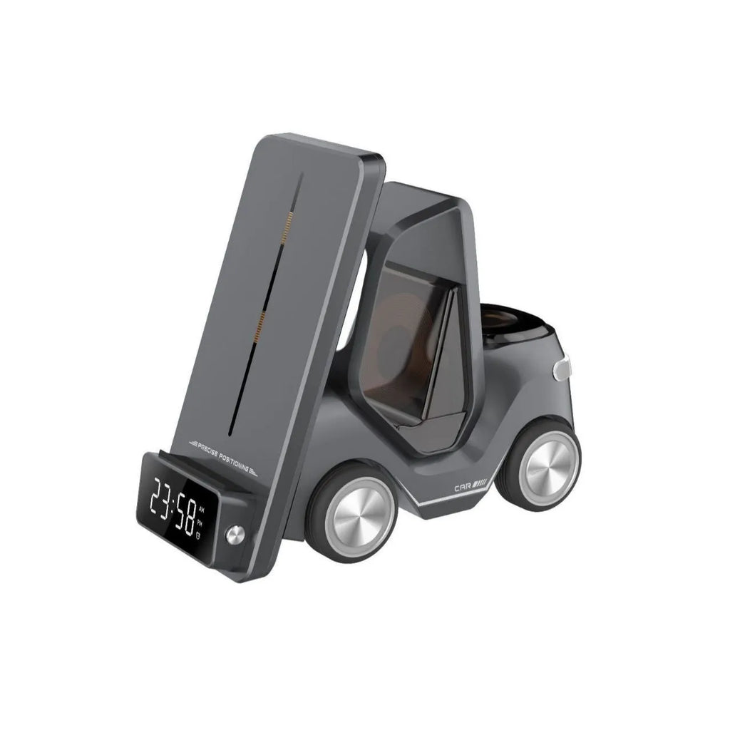 Grey 15W wireless fast charging bracket holding a smartphone, showing its compact size and Type-C port.