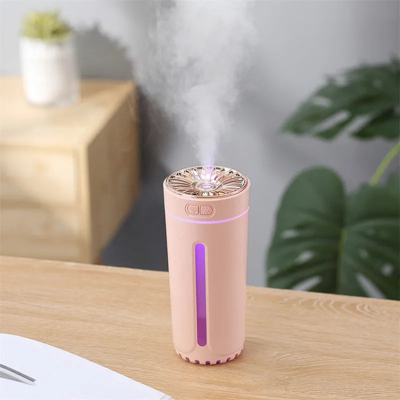 Black and white portable wireless humidifier with LED lights on a car cup holder and desktop