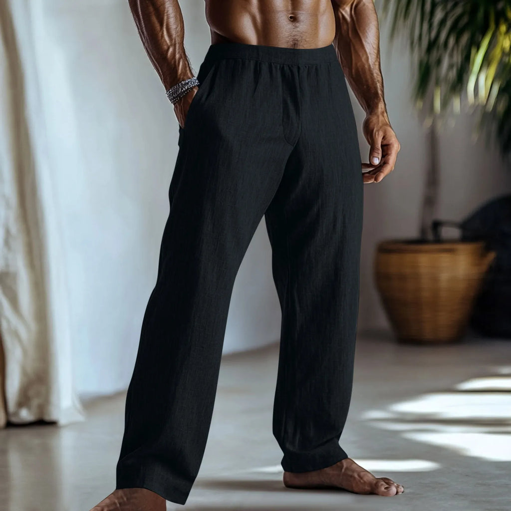 Cotton and linen straight leg casual trousers in a solid colour with side pockets