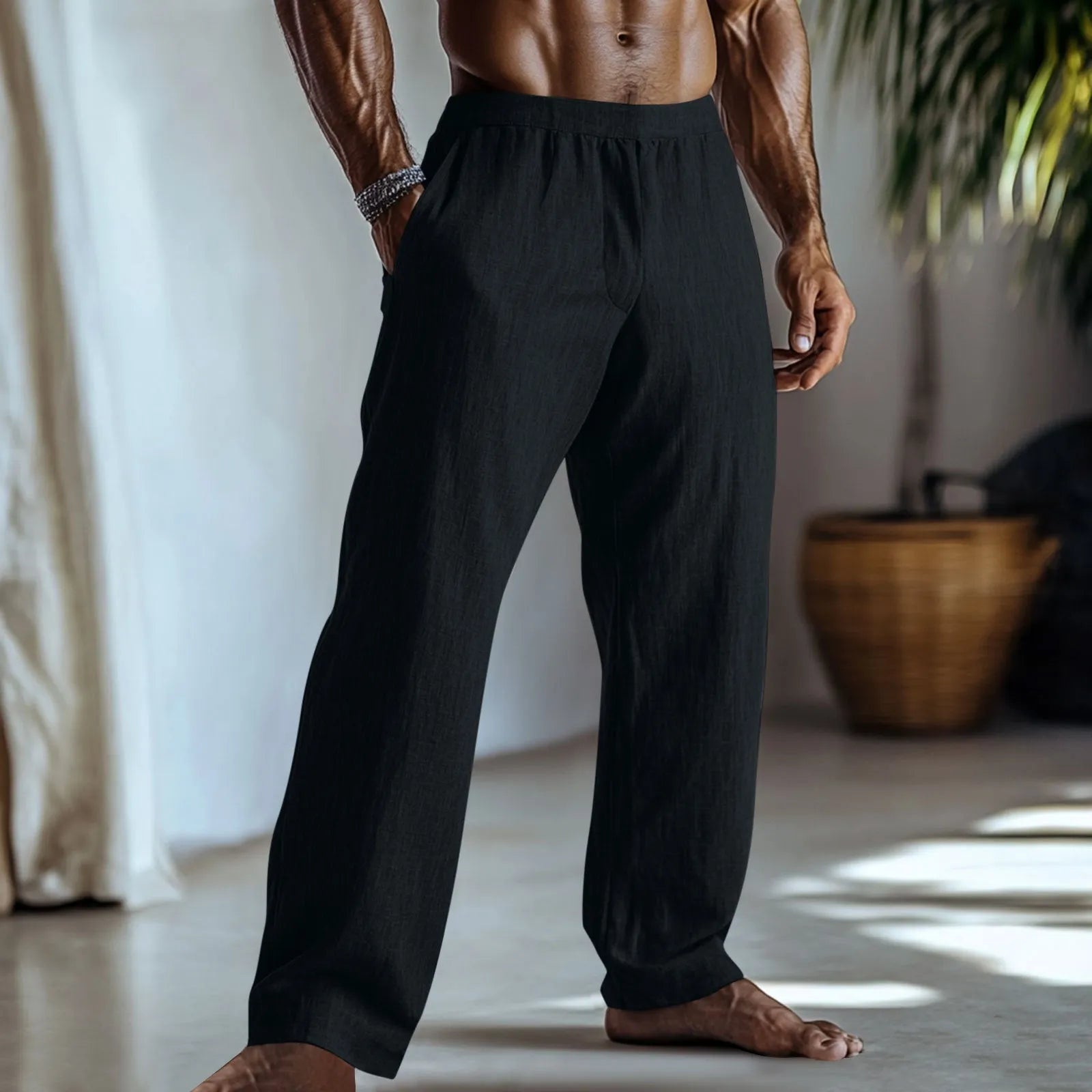 Cotton and linen straight leg casual trousers in a solid colour with side pockets
