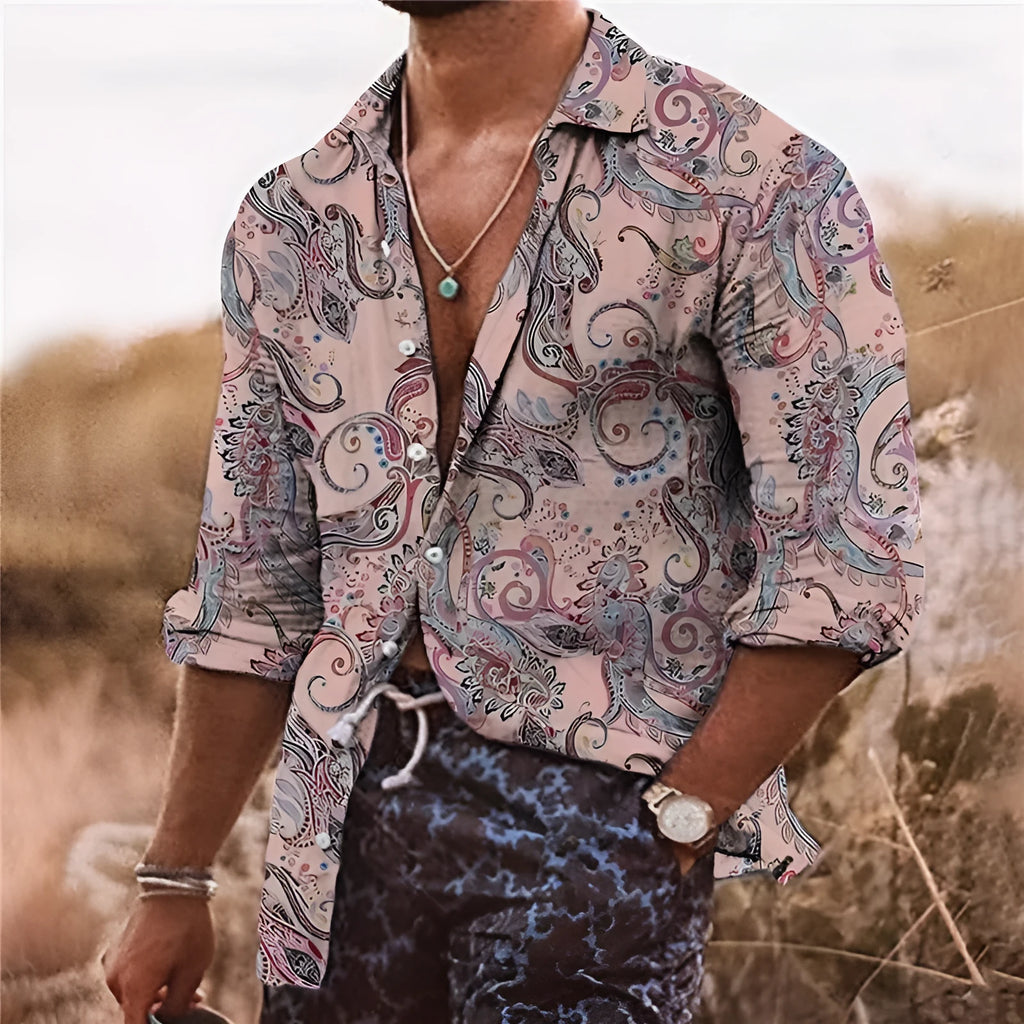 Men's bohemian floral pattern shirt with 3D printing and long sleeves
