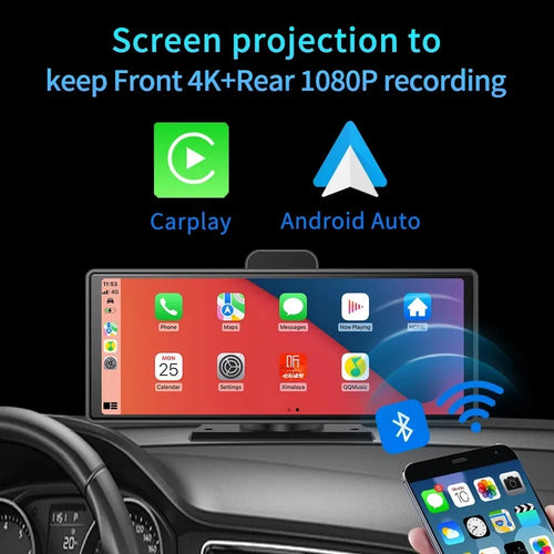 12-inch touch screen car dash cam with front and rear cameras on display