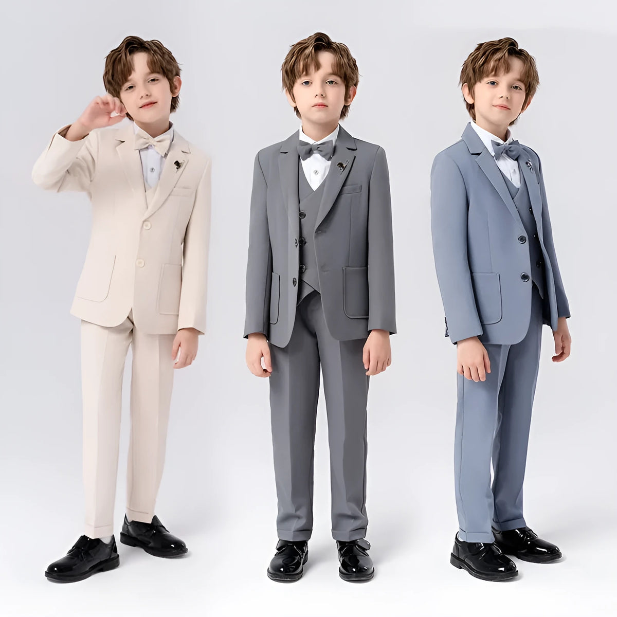 Boys' British style suit set with shirt, trousers, bow tie, vest and brooch in beige, blue or grey