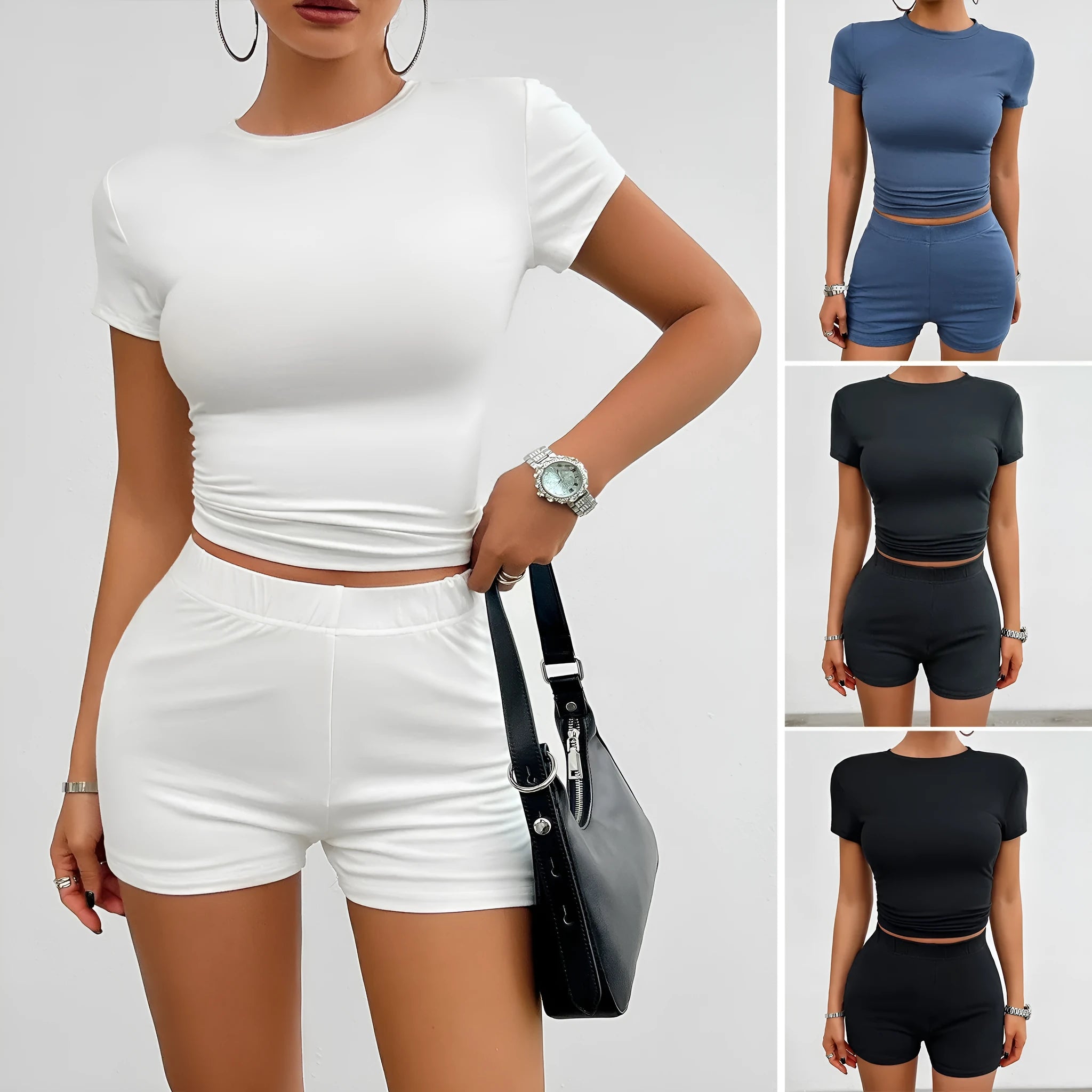 Women's solid colour viscose sports suit comprising a short-sleeve t-shirt and elastic waist shorts.