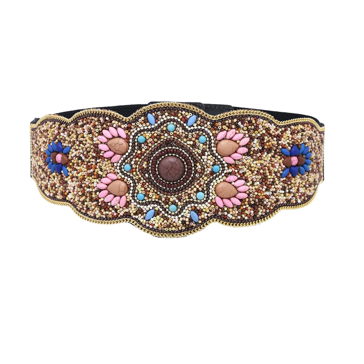 Beaded imitation turquoise elastic waistband belt in faux leather with stitching, ethnic style, single loop, 115cm