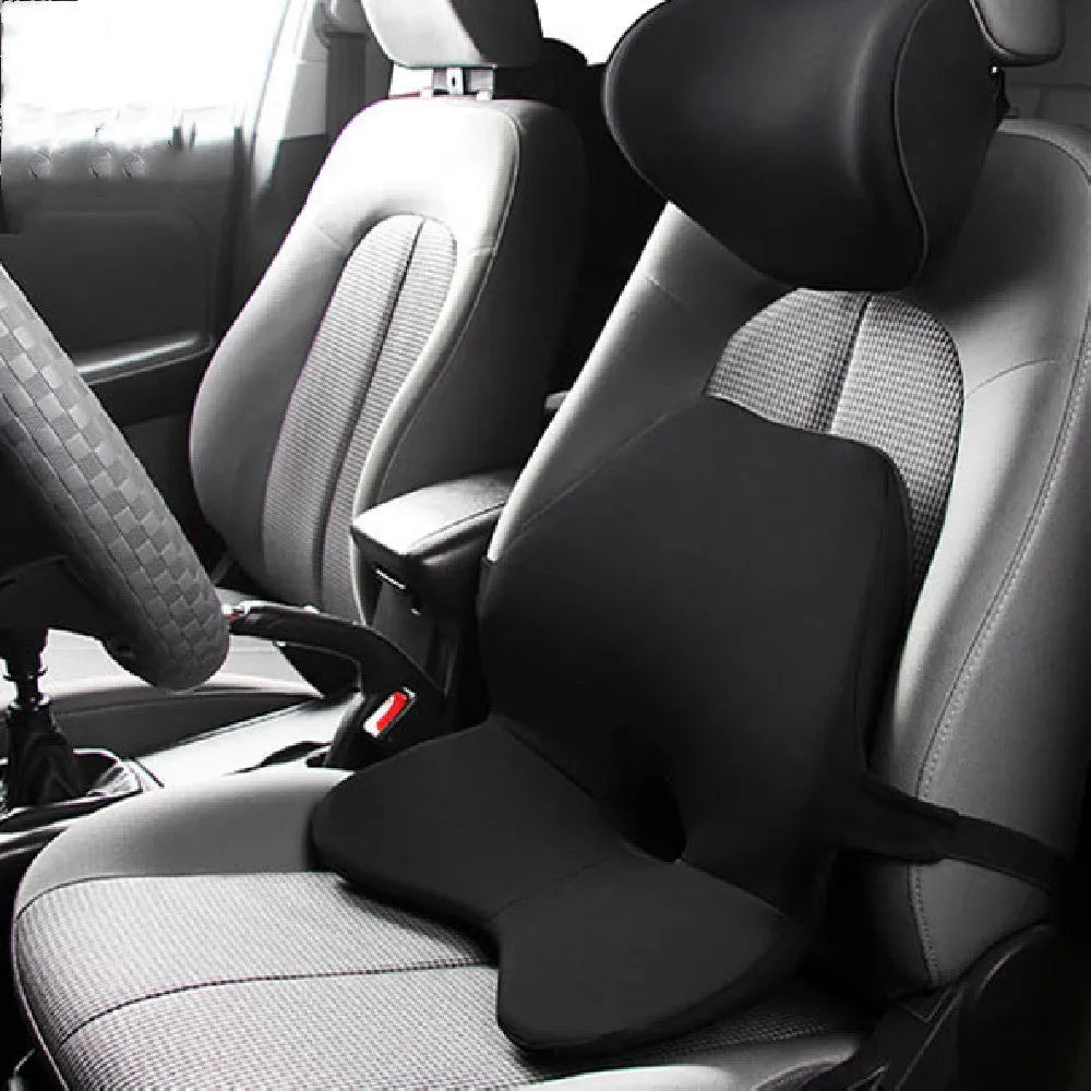 Car seat waist cushion with memory foam padding in beige colour, shown alongside a black version with headrest