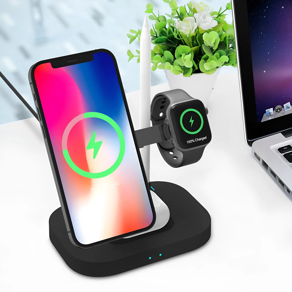 Folding wireless charger in black plastic with Type-C cable, set on a desk
